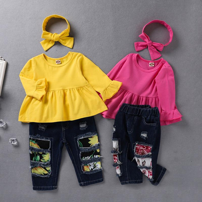 Solid colour long sleeved shirt sun printed denim perforated pants hair band three piece set