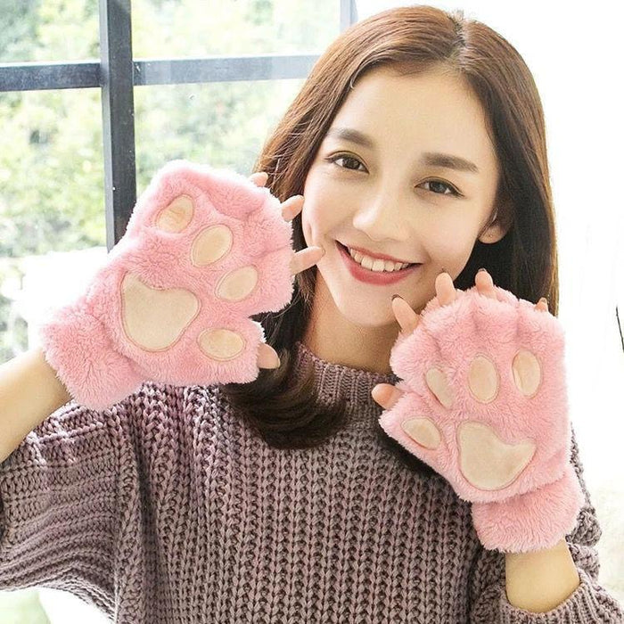 Bear Embroidery Soft Plush Gloves Women Winter Warm