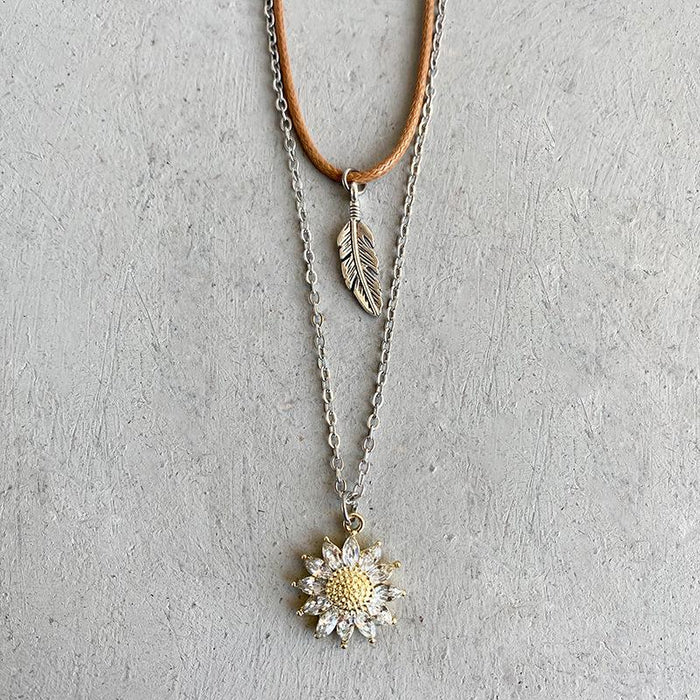 Western National Style Personalized Sunflower Cross Feather Necklace