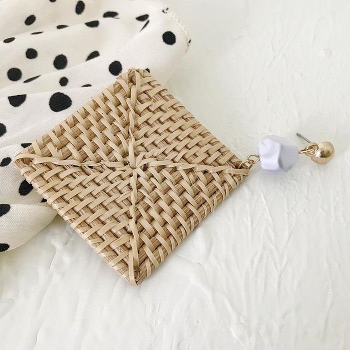 Vintage Exaggerated Geometric Square Rattan Woven Holiday Style Earrings Jewelry