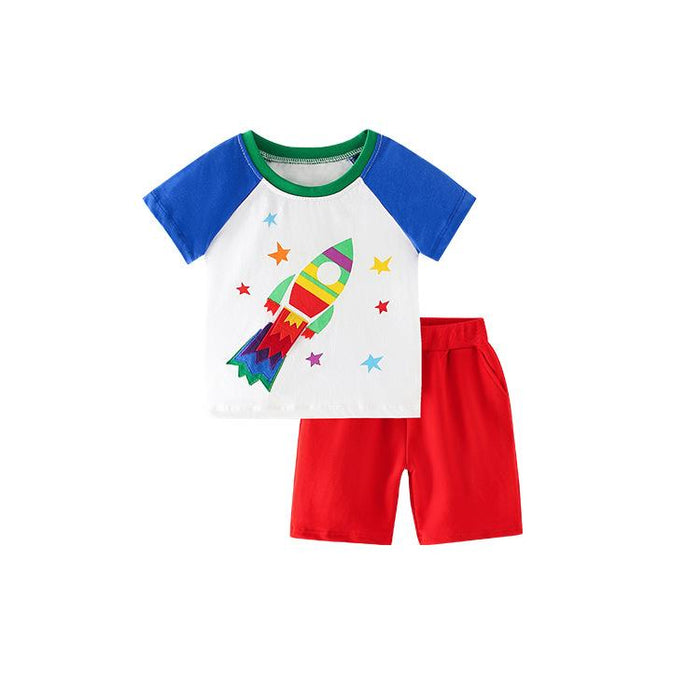 Boy's cartoon cotton trousers short sleeves two overalls