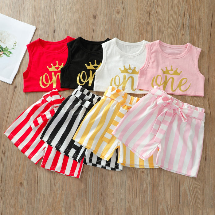 Solid colour letter printed vest short shirt fashion stripe bow two piece set