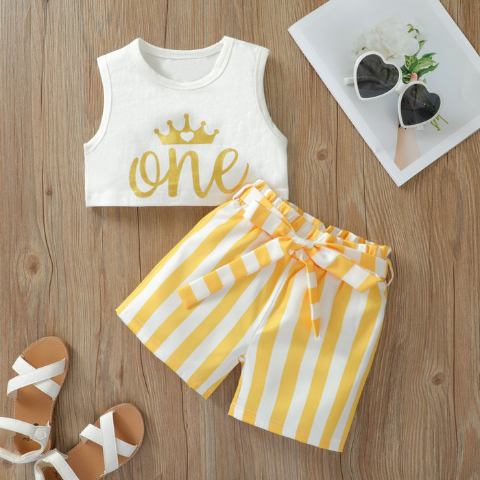 Solid colour letter printed vest short shirt fashion stripe bow two piece set