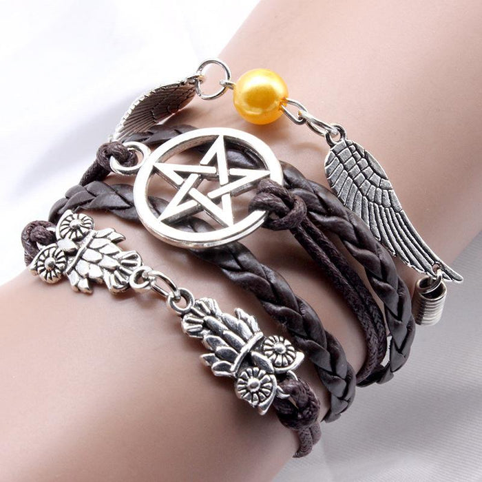 60Pcs Vintage Owl Wings Leather Rope Bracelet