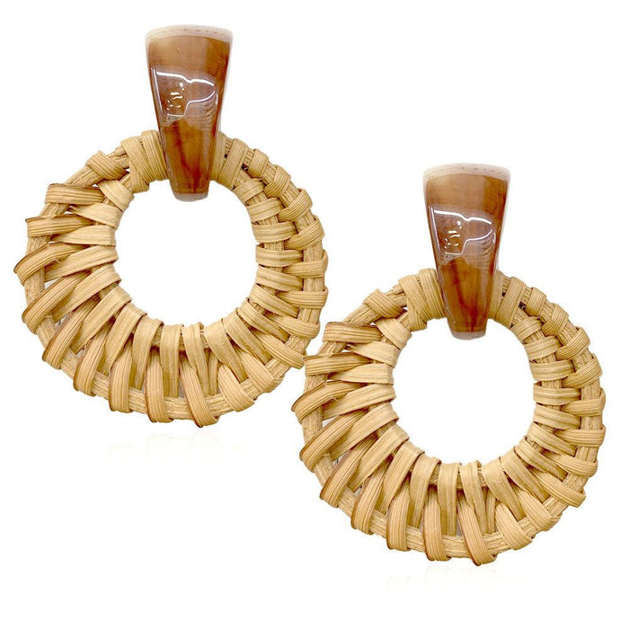 Vintage Resin Circular Hollow Bamboo Rattan Woven Earrings