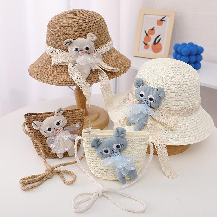 Summer Trendy Lace Cat Children's Grass Bucket Hat Bag Set