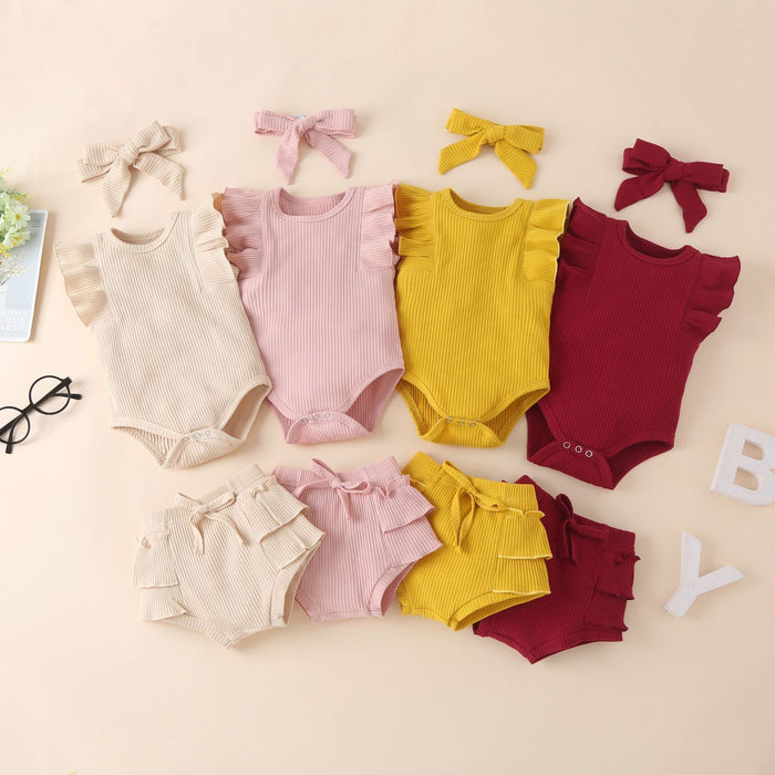 Children's wear solid color pit strip cotton sleeveless khaki shorts three piece set multicolor