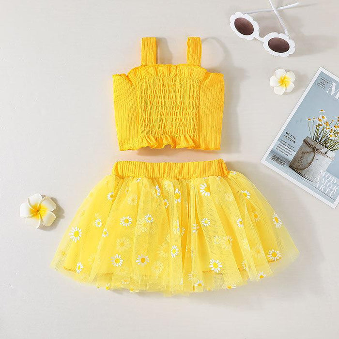 Summer Girls Mesh Skirt Sweet Baby Suspender + Printed Skirt Two-piece Set
