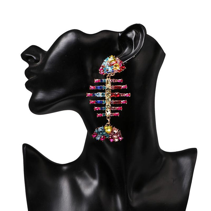 Women's Jewelry Personalized Fishbone Earrings Accessories Inlaid Rhinestone