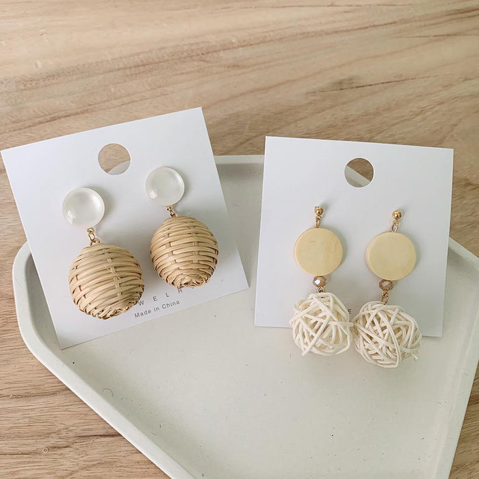 Bamboo and Rattan Hand Woven Fashion Round Earrings Women's Jewelry