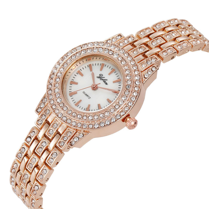 Temperament Gold Quartz Fashion Casual Rhinestone Steel Band Ladies Watch