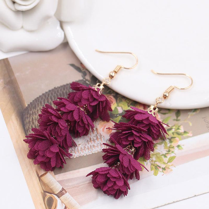 Women's Fashion Simple Fabric Flower Tassel Earrings