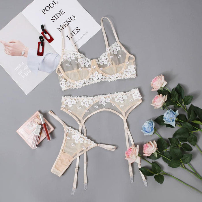 Women Flower Embroidered Sexy Lingerie Three Piece Set