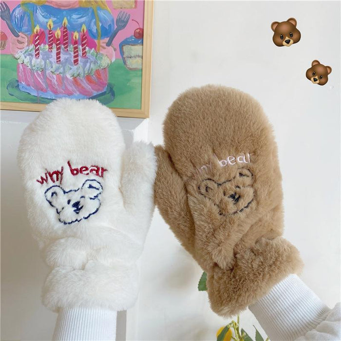 Bear Embroidery Soft Plush Gloves Women Winter Warm