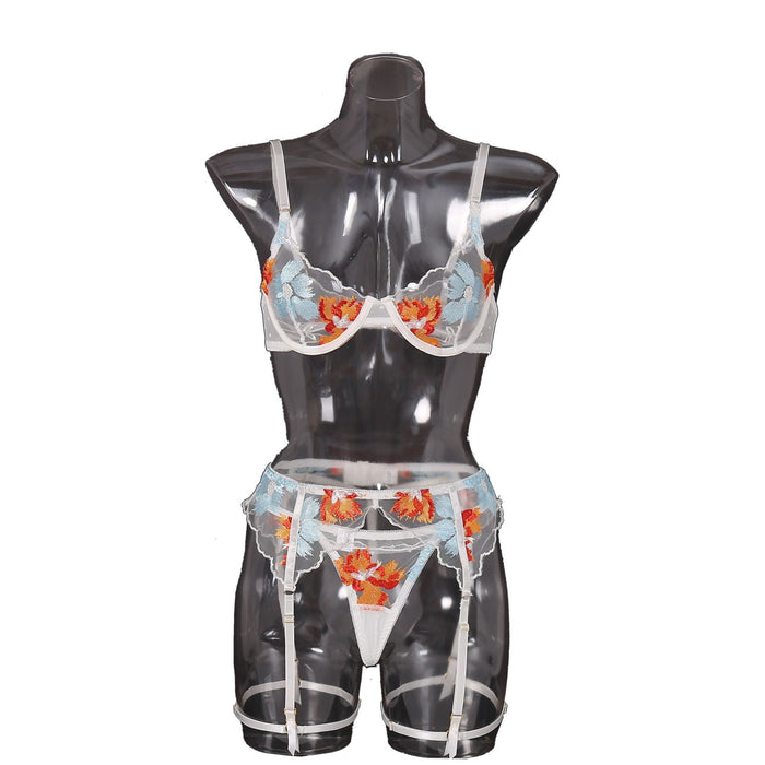 Women's Sexy Embroidered Mesh Garter Lingerie Set