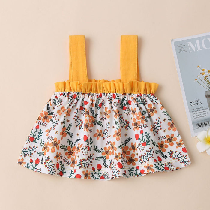 Girls' yellow suspender small floral clothes + shorts two-piece set