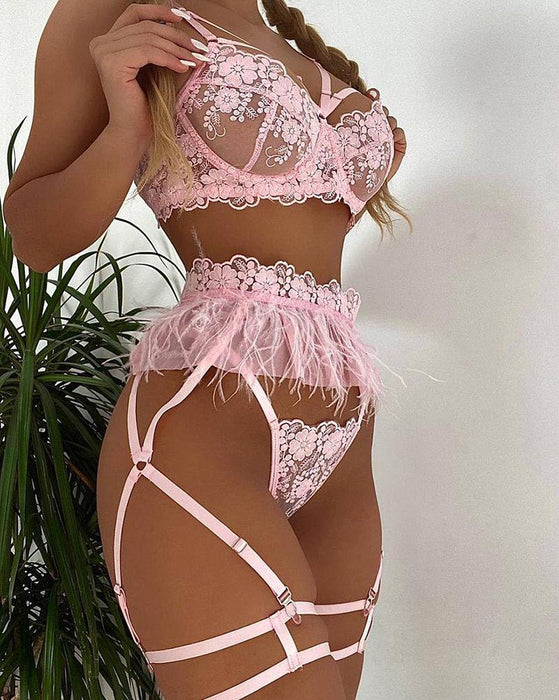 Sexy Embroidered Mesh Underwear Women Garter Lingerie Set