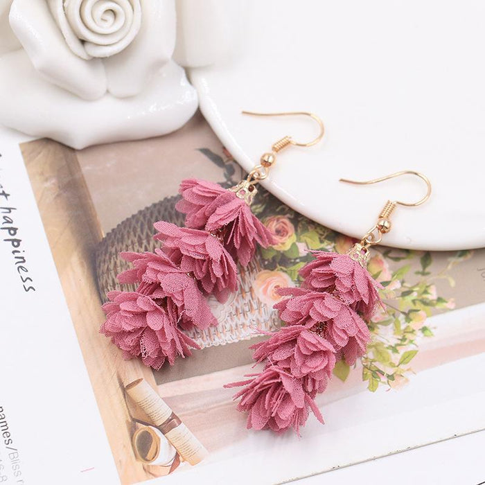 Women's Fashion Simple Fabric Flower Tassel Earrings