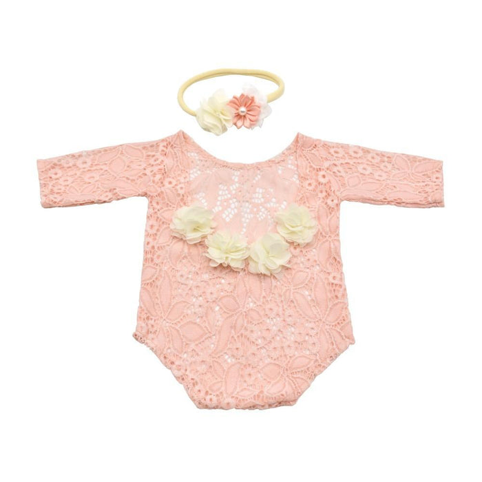 Chiffon Flower Decoration Lace Photography Clothes Pearl Hair Belt Two-piece Set