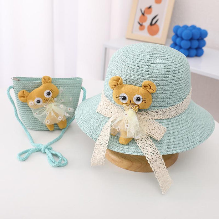 Summer Trendy Lace Cat Children's Grass Bucket Hat Bag Set