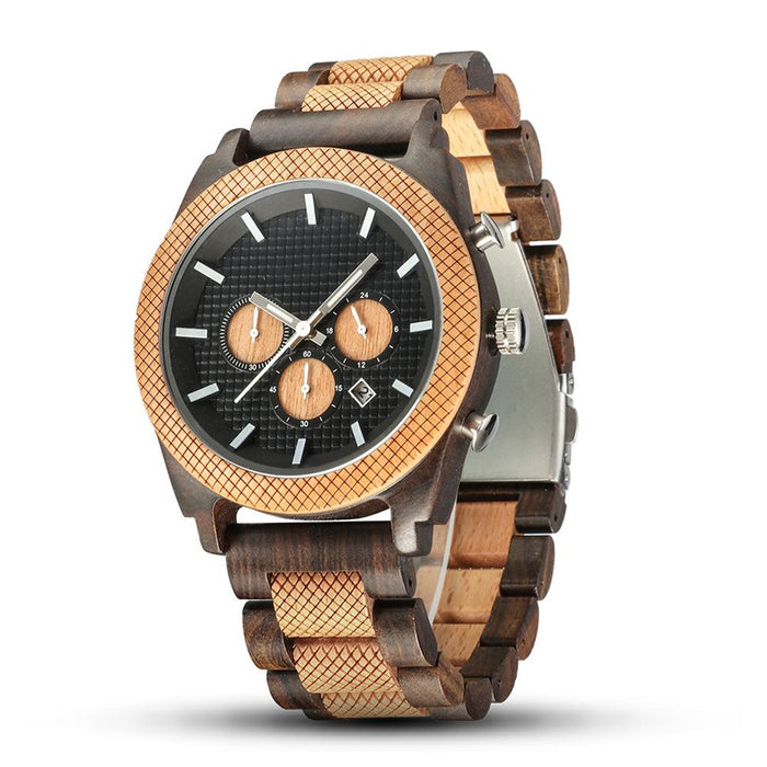 New Fashion Simple Men's Multifunctional Three Needle Wooden Watch