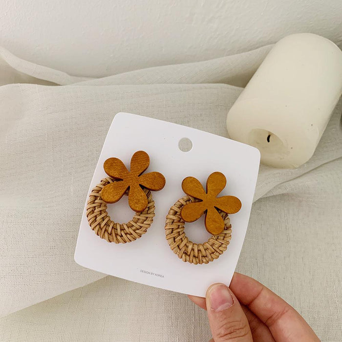 Wooden Flowers Exaggerated Temperament Rattan Long Earrings Jewelry