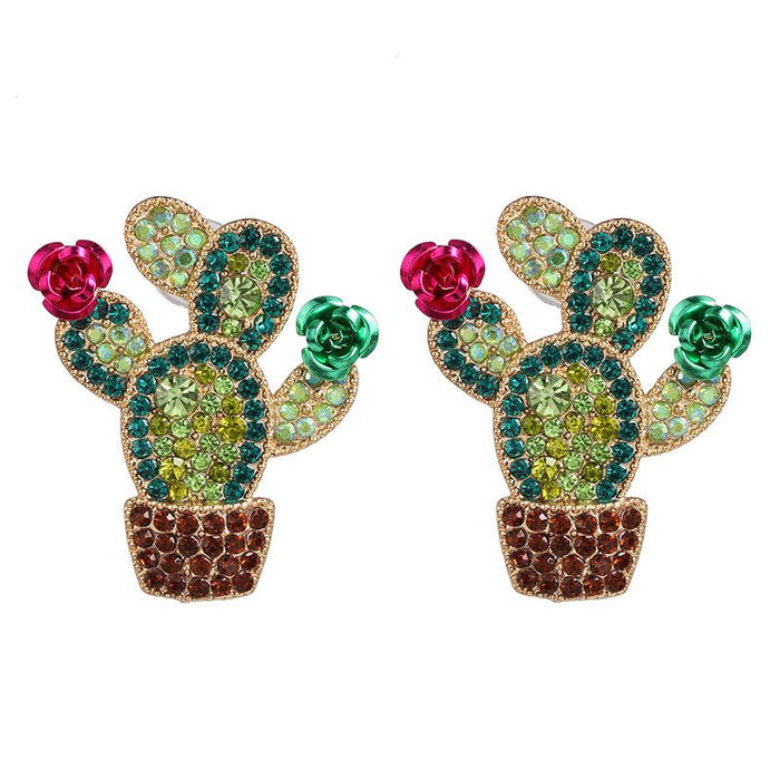 Women's Jewelry Plant Cactus Earrings Inlaid Rhinestone