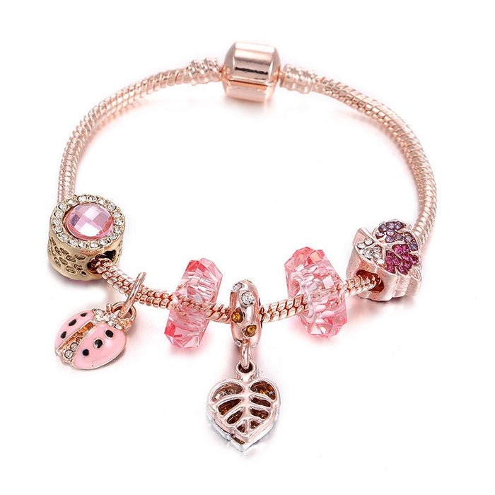 Rose Gold ladybird Pendant Pink Bracelet