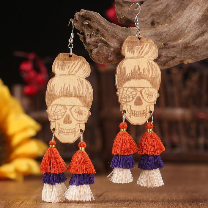 New Fringed Wooden Skull Spider Personality Lady Earrings