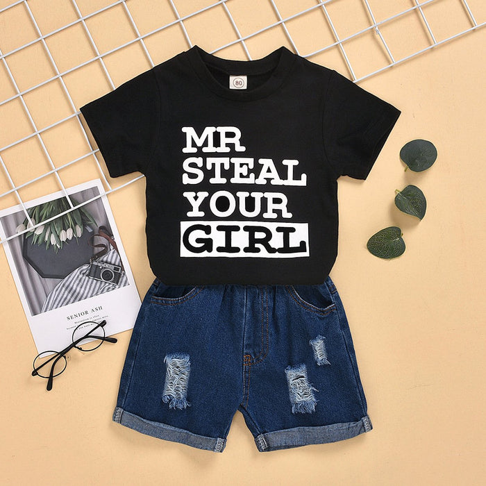 Boys' short sleeved denim hole shorts two-piece set