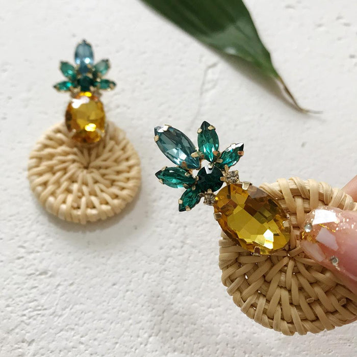 Geometric Round Rhinestone Fruit Pineapple Rattan Earrings