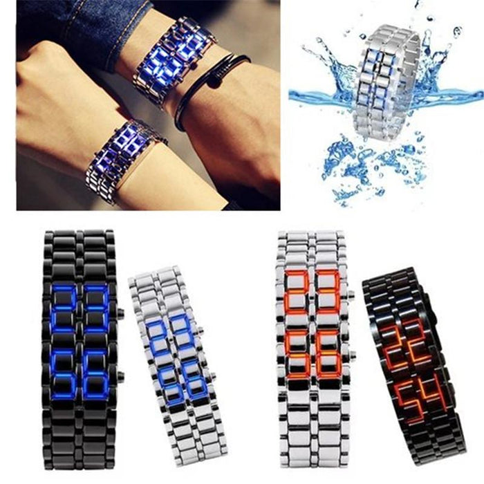 Men Women Lava Iron Samurai Metal LED Faceless Bracelet Watch