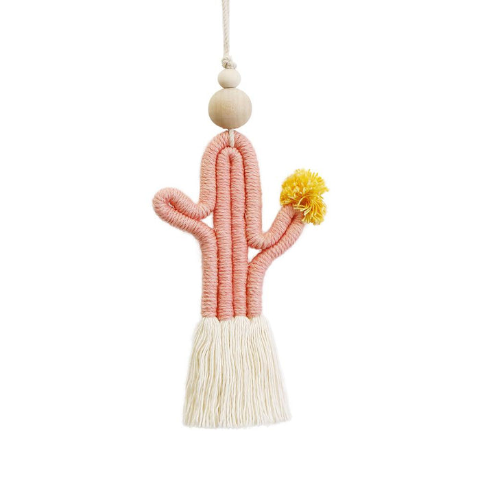 Hand Woven Cactus Pendant Cotton Rope Wood Bead Tassel Pendant
