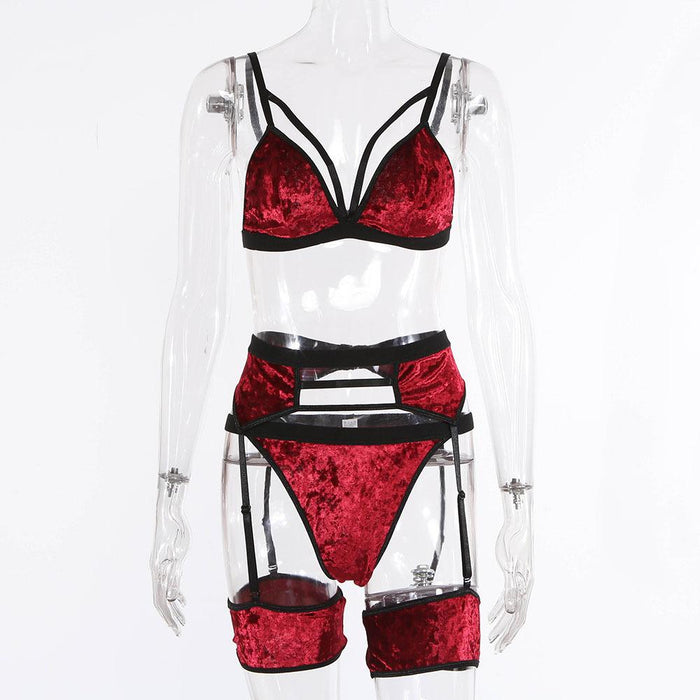 Women's Velvet Lingerie Sexy Lace Underwear Three-piece Set