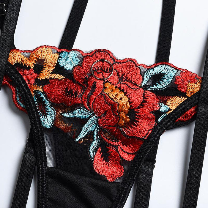 Women's Classic Embroidered Underwear Sexy Mesh Lingerie Set