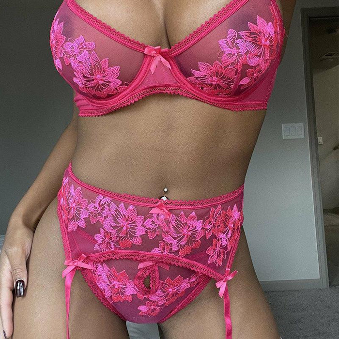 Lace Embroidered Bow Underwear Women Sexy Lingerie Set