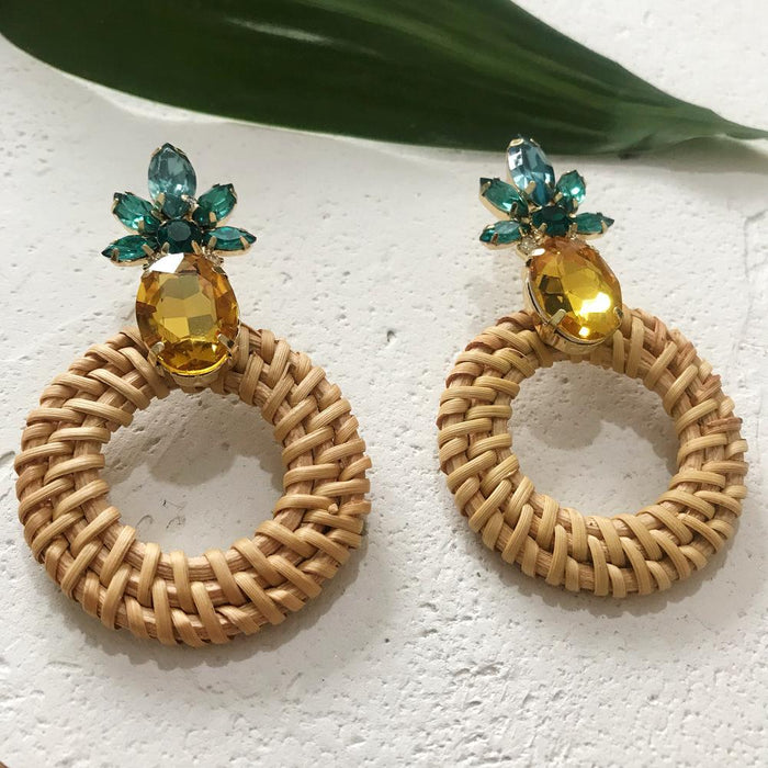 Geometric Round Rhinestone Fruit Pineapple Rattan Earrings