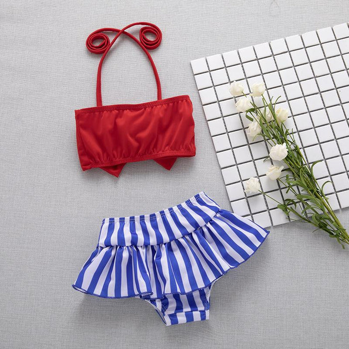Suspender bow top striped briefs split swimsuit