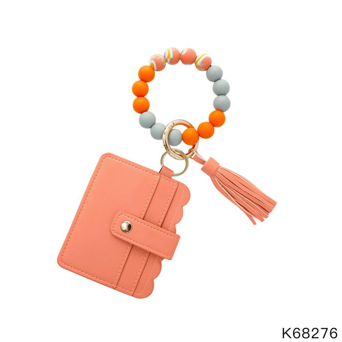 Tassel PU Leather Card Holder Silicone Bead Bracelet Keychain