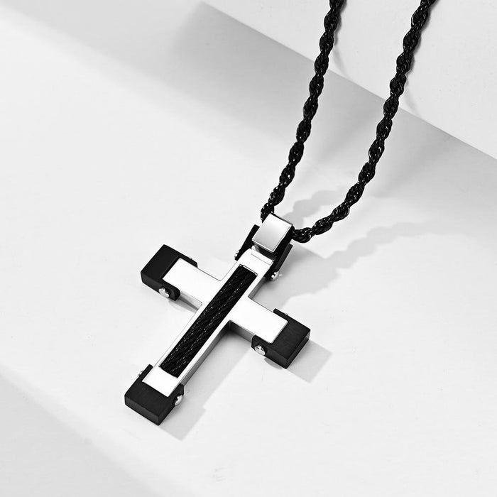 Inlaid Wire Rope Stainless Steel Cross Pendant Necklace