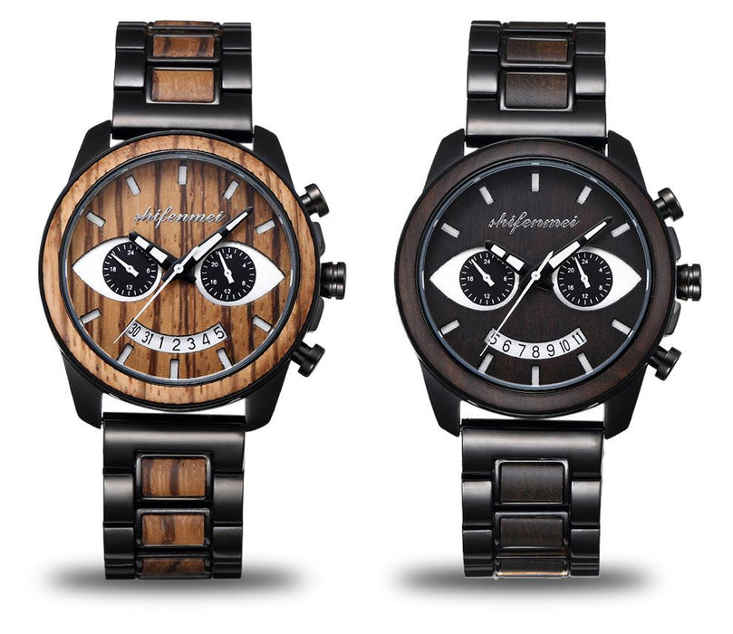 New Men's Wooden Fashion Smiling Face Steel Band Wristwatch