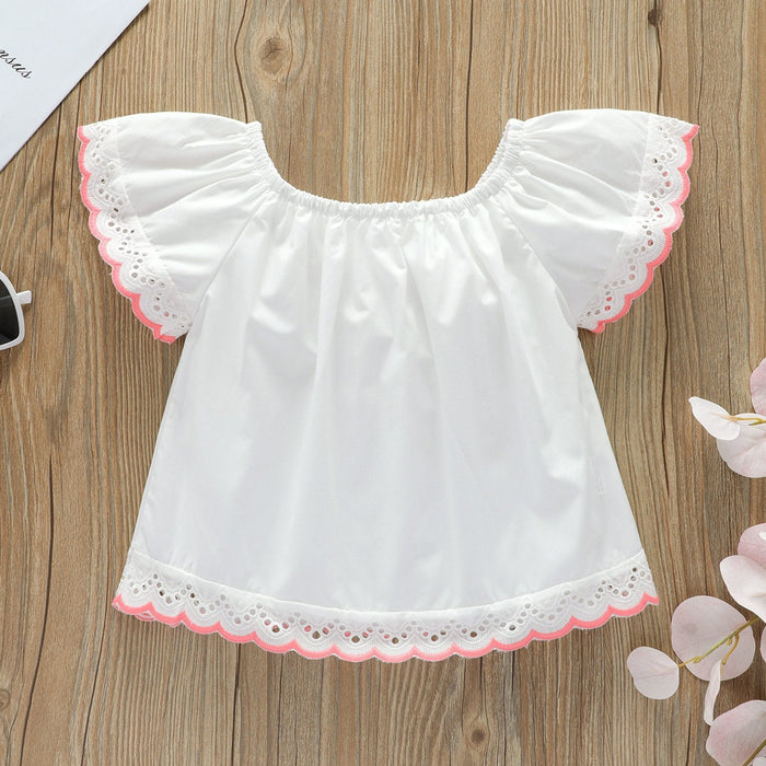 Solid colour lace small fly sleeve loose baby girl's doll shirt