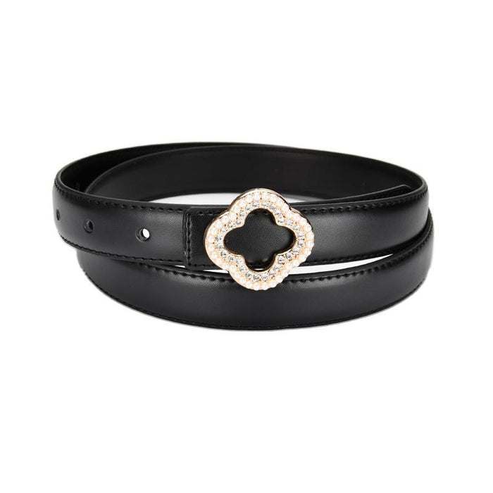 Versatile Floral Diamond Studded Leather Belt with Denim Trim
