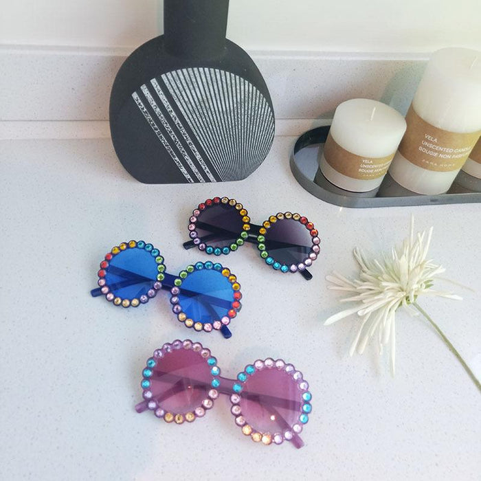 Children's Round Frame Color Rhinestone Sunglasses