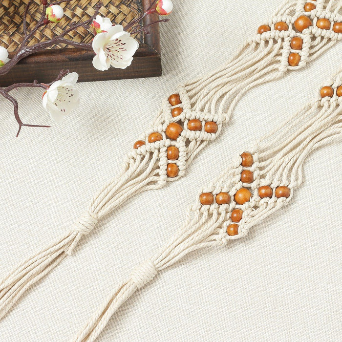 X letter shape woven belt with wooden beads women's clothing belt