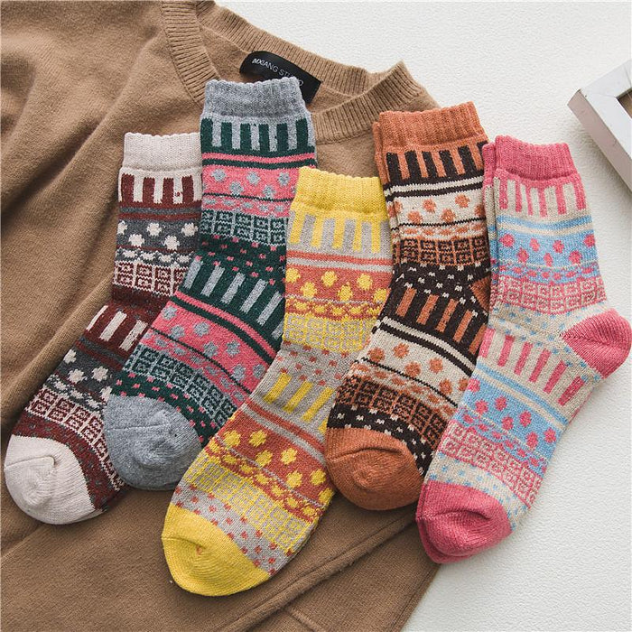 5 Pairs Winter Thick Warm Wool Women Cross Flower Socks