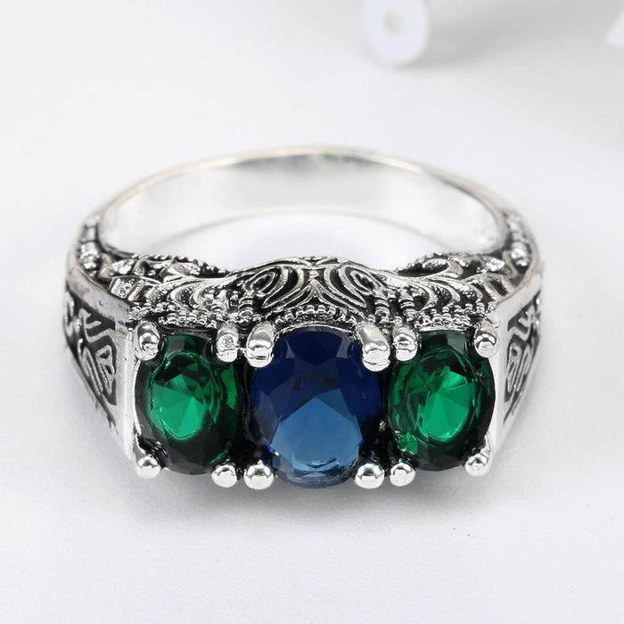 Luxury Fashion 3 Stone Women Jewelry Blue Zircon Rings