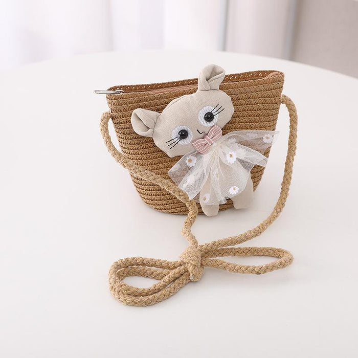 Summer Trendy Lace Cat Children's Grass Bucket Hat Bag Set