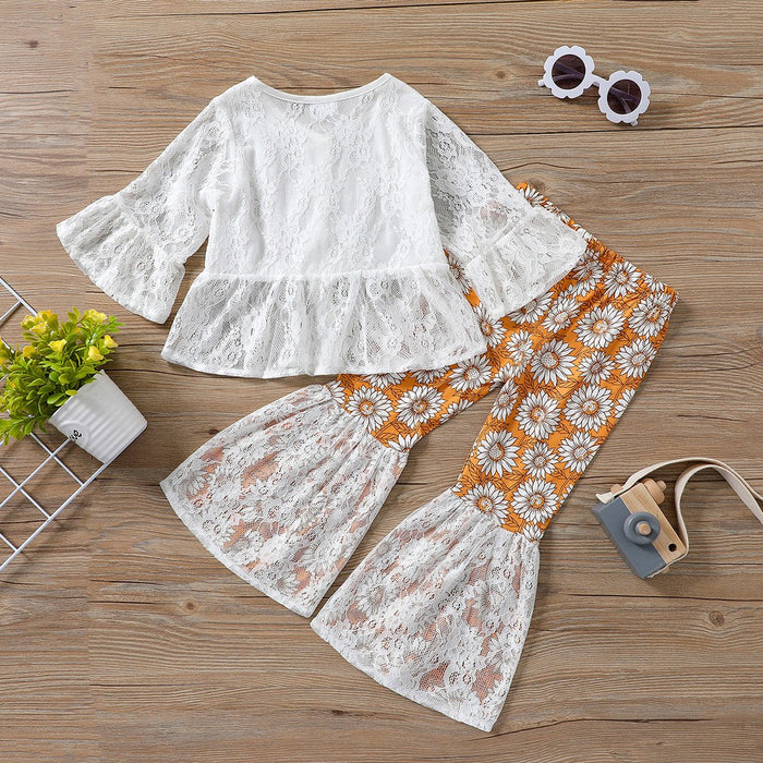 White trumpet sleeve top sunflower flared pants pants two pieces