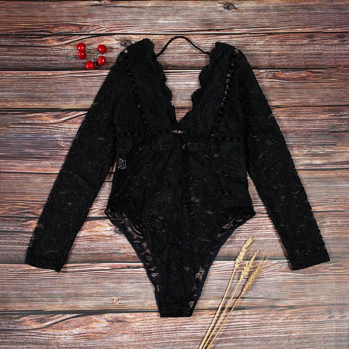 Women's Long Sleeve One-piece Underwear Lace V-neck Bodysuit
